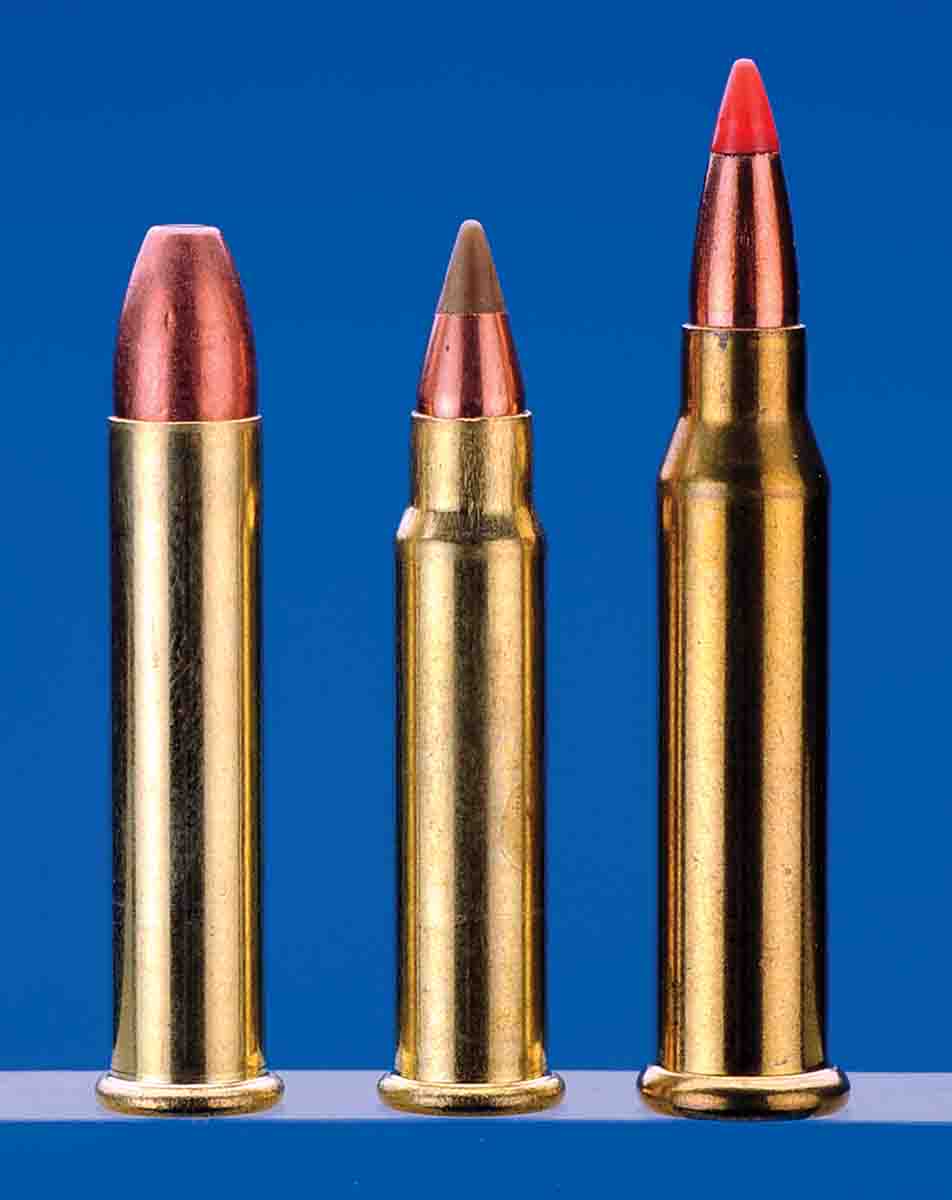 Rimfire cartridges include (left to right): the .22 Winchester Magnum Rimfire, .17 Hornady Magnum Rimfire and .17 Winchester Super Magnum.